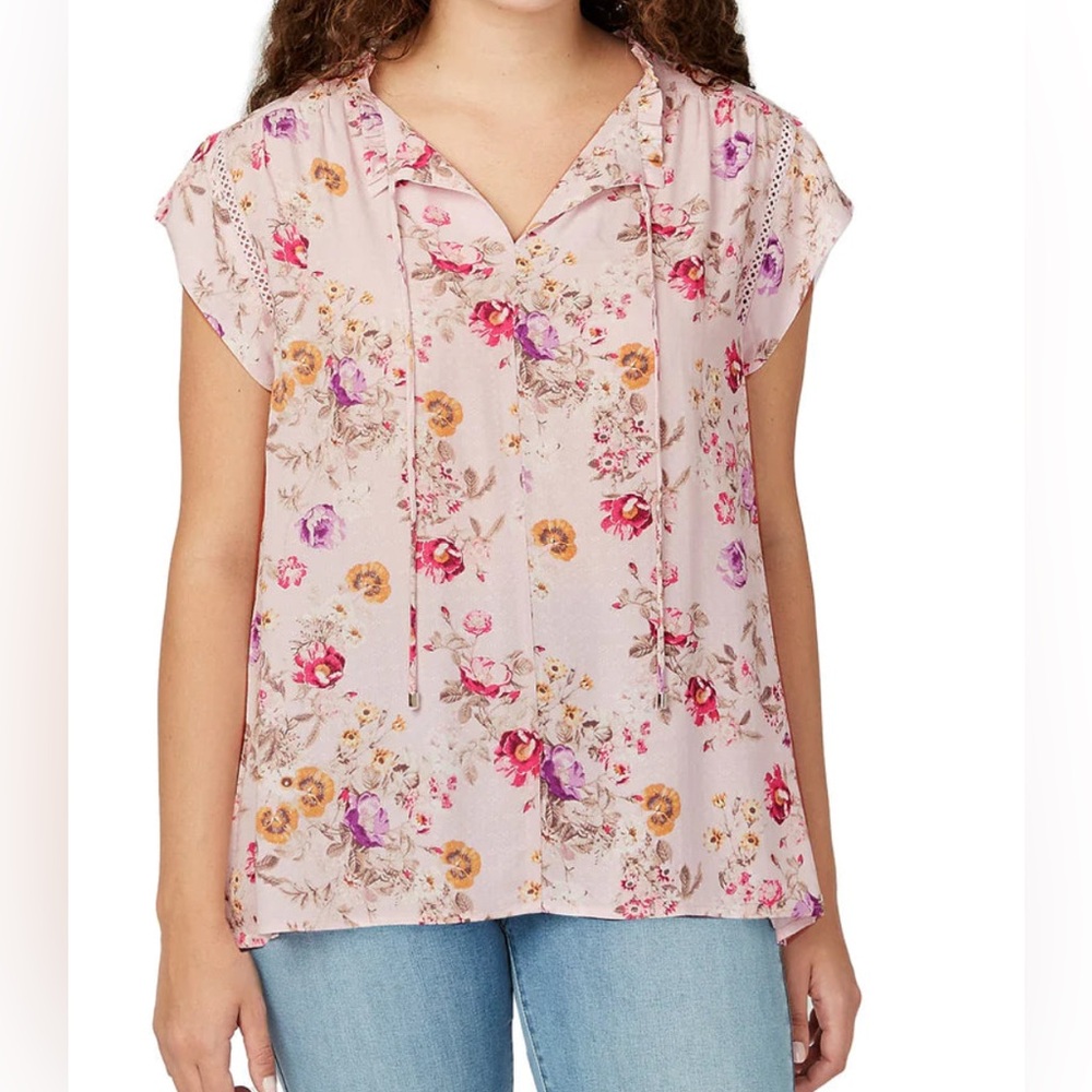 Buffalo David Bitton Floral Flutter Sleeve Blouse Tie Neck Boho Pink M